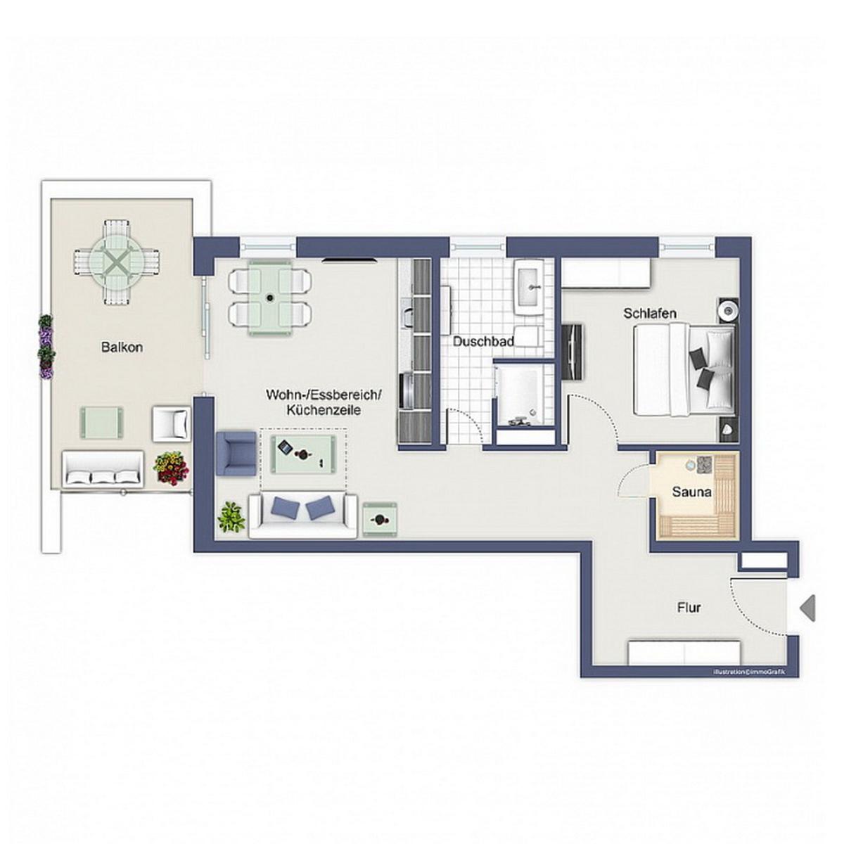 Wohnung mit Balkon, Schlafzimmer, Sauna und Dusche