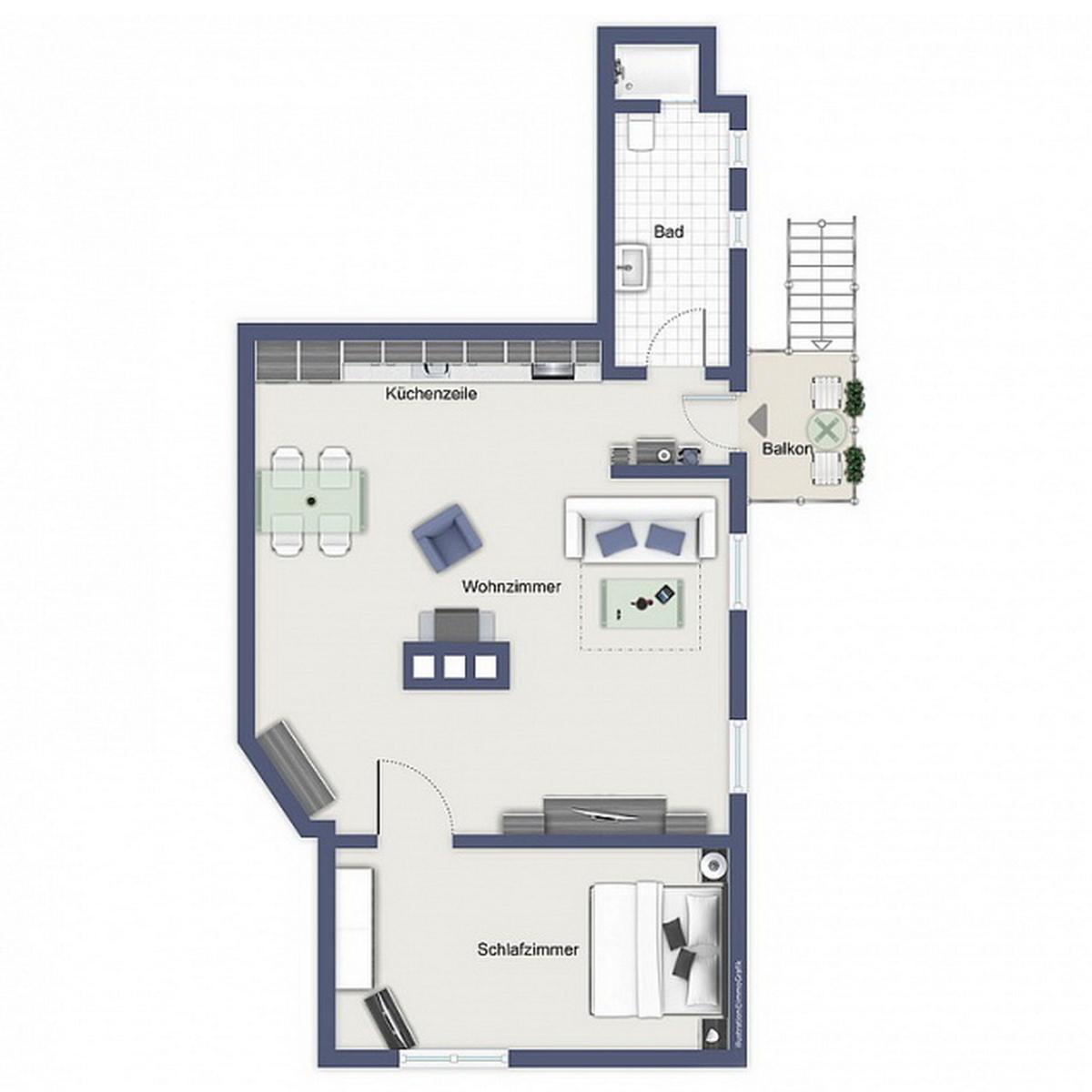 Wohnung mit Schlafzimmer, Wohnzimmer, Küche, Bad und Balkon.