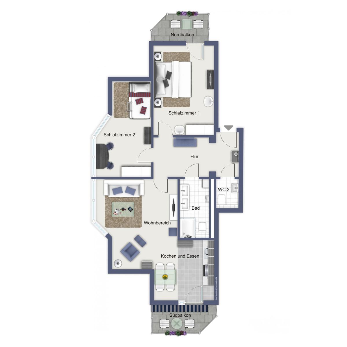 Wohnung mit zwei Schlafzimmern, Wohnbereich, Küche, Bad und Balkonen.