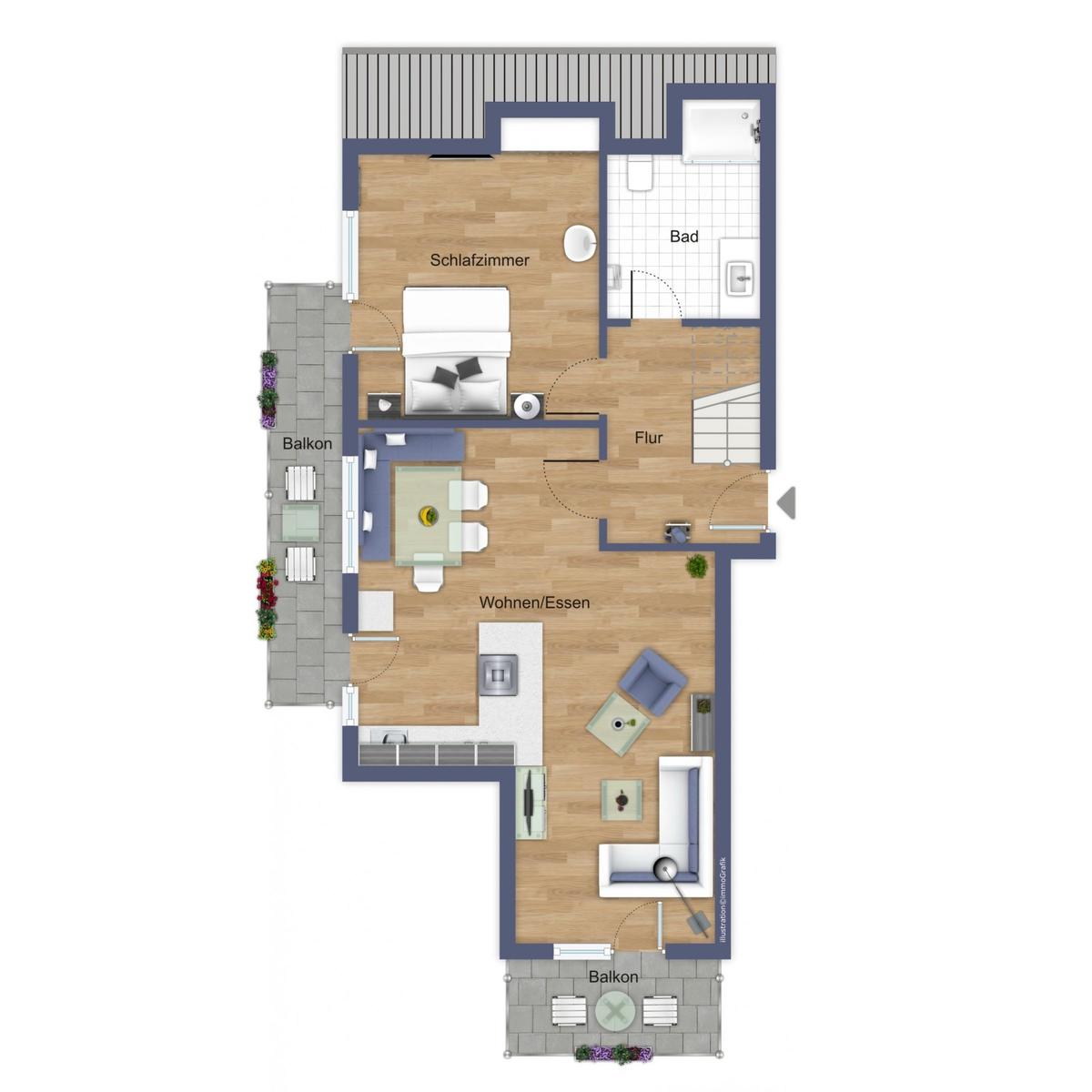 Wohnung mit Schlafzimmer, Bad, Wohnbereich und zwei Balkonen.