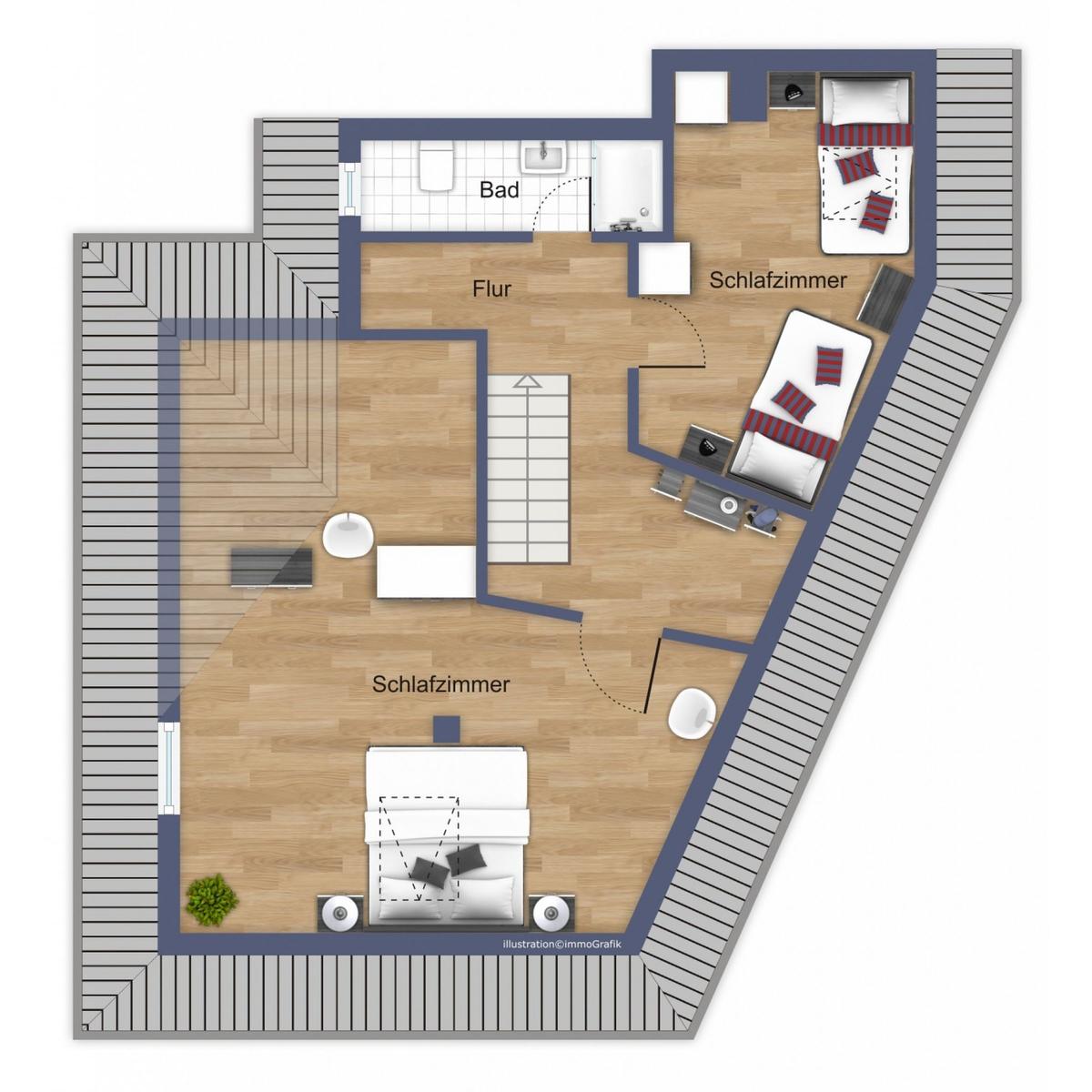 Dieses Apartment hat drei Schlafzimmer, ein Bad und einen Flur.