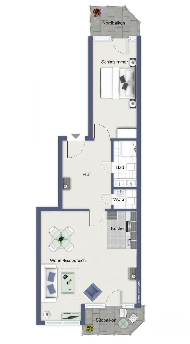Wohnung mit Schlafzimmer, Küche, Bad und zwei Balkonen.