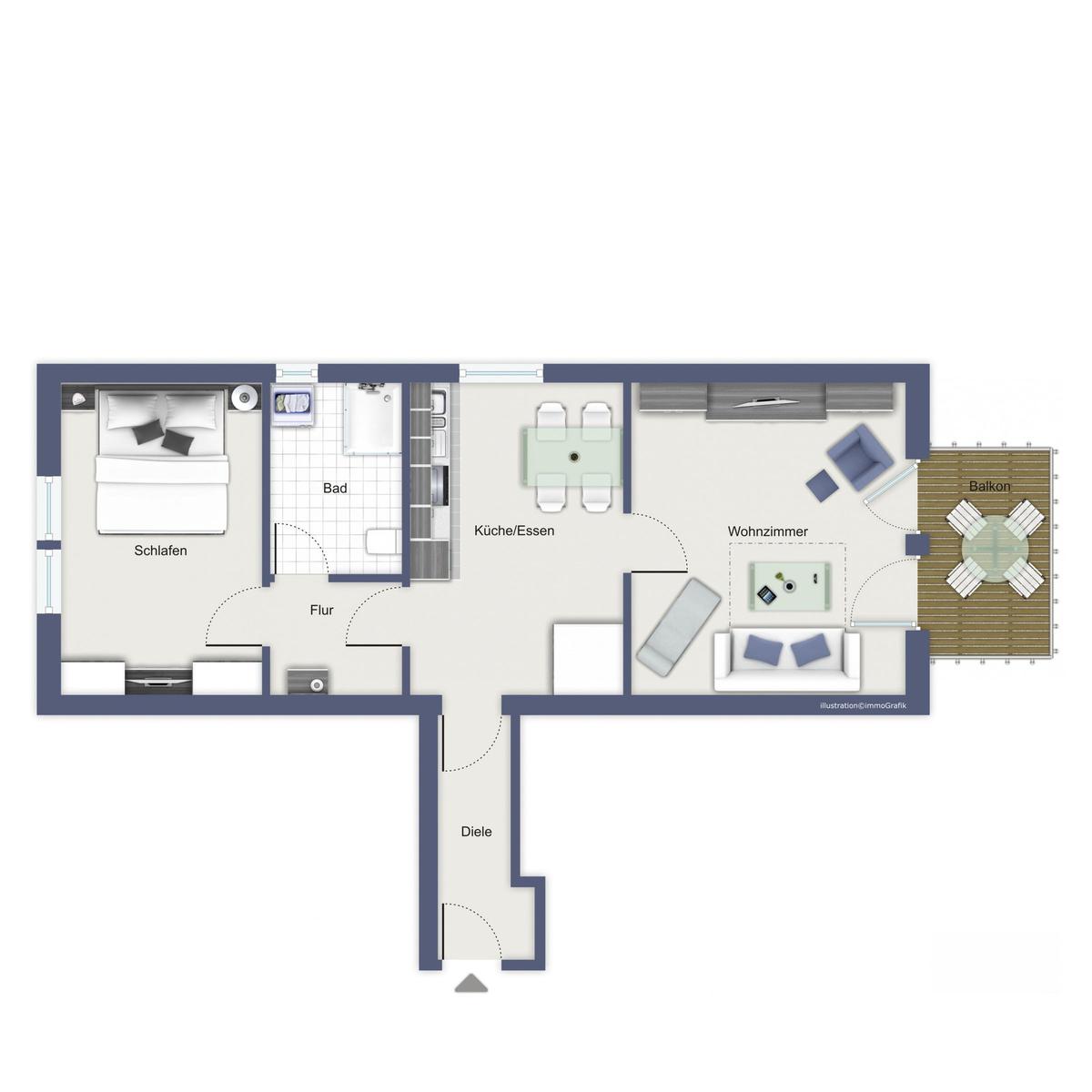 Wohnung mit Schlafzimmer, Bad, Küche, Wohnzimmer und Balkon.