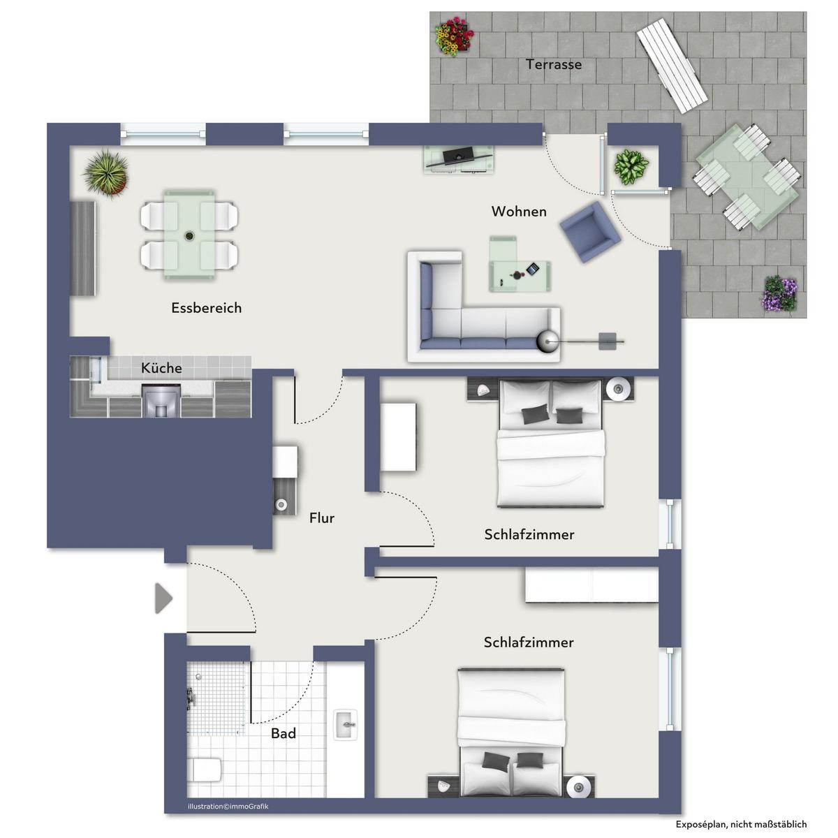 Wohnung mit Küche, Essbereich, Wohnzimmer, zwei Schlafzimmern und Bad. Außenbereich mit Terrasse.