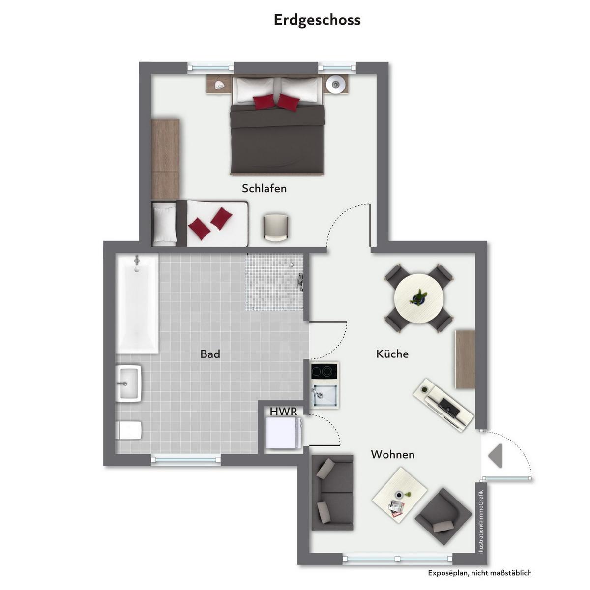 Erdgeschoss mit Schlafzimmer, Bad, Küche und Wohnzimmer. HWR und Dusche vorhanden.