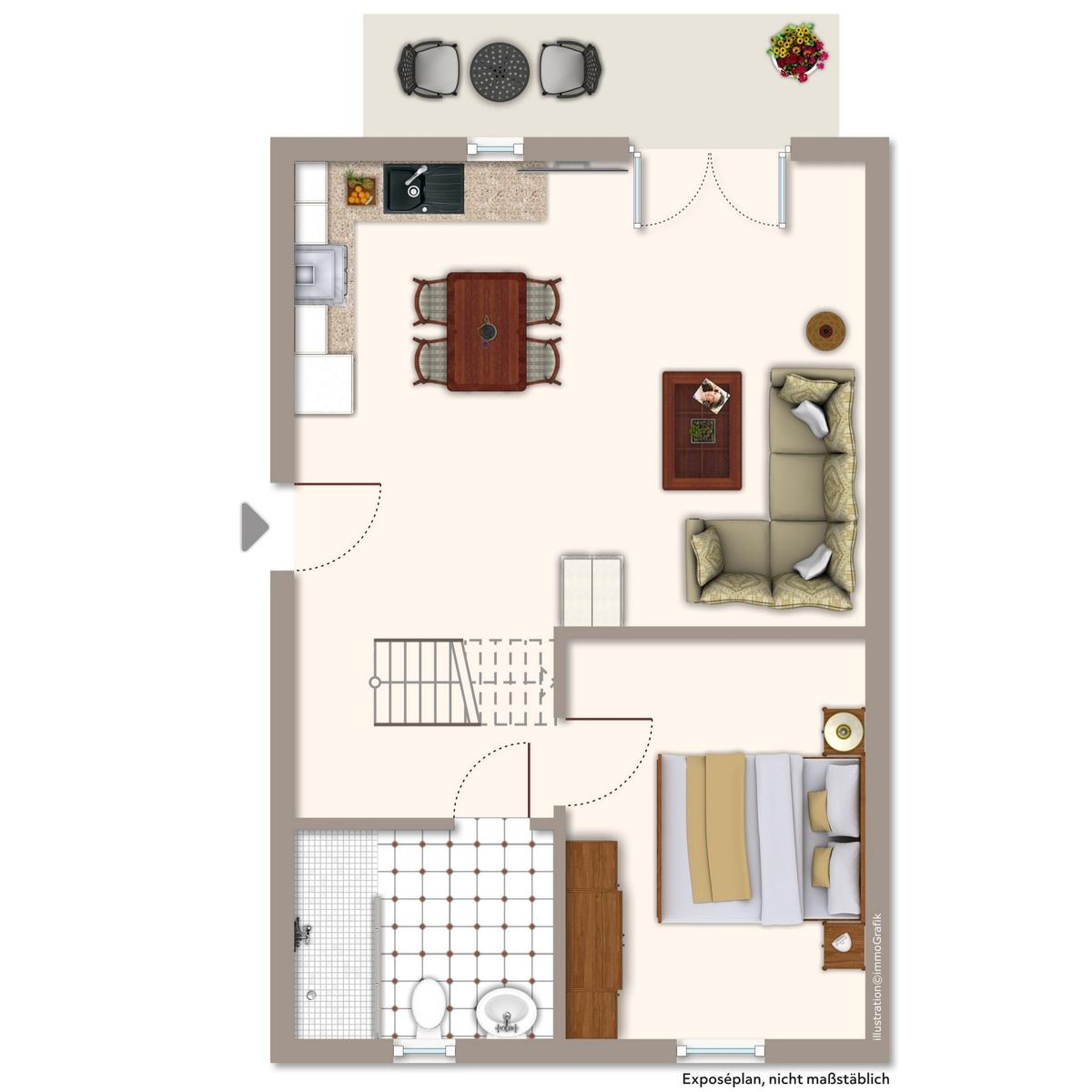 Ein Schlafzimmer mit Bett, Wickelplatz und Bad. Wohnbereich mit Sofa und Couchtisch.