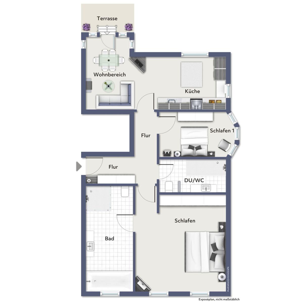 Wohnung mit Terrasse, Küche, zwei Schlafzimmern und Bad. Flur verbindet alle Räume.