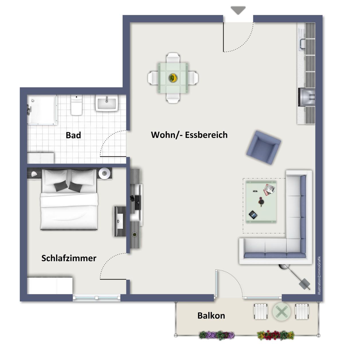 Wohnung mit Schlafzimmer, Bad, Wohn-Essbereich und Balkon.