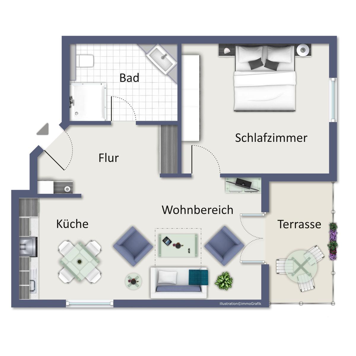 Wohnung mit Schlafzimmer, Bad, Küche und Terrasse. Wohnbereich mit Sofa und Tisch.