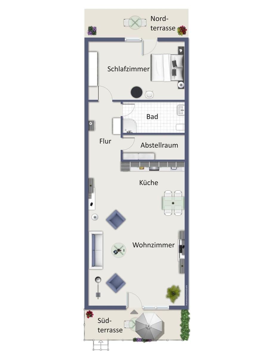 Dieses Apartment hat ein Schlafzimmer, ein Bad, eine Küche und ein Wohnzimmer mit zwei Terrassen.