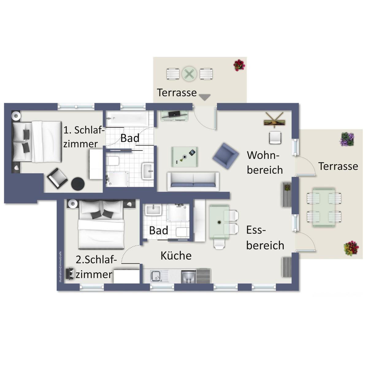 Zweizimmerwohnung mit Küche, Bad, Wohn- und Essbereich sowie zwei Terrassen.