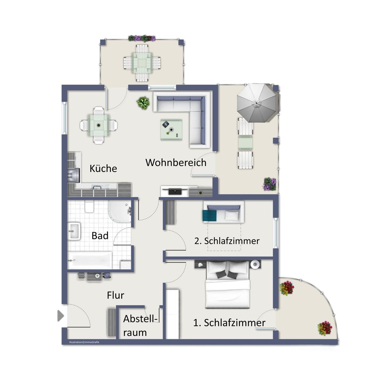 Dieses Apartment hat zwei Schlafzimmer, eine Küche, ein Bad und einen Wohnbereich mit Terrasse.