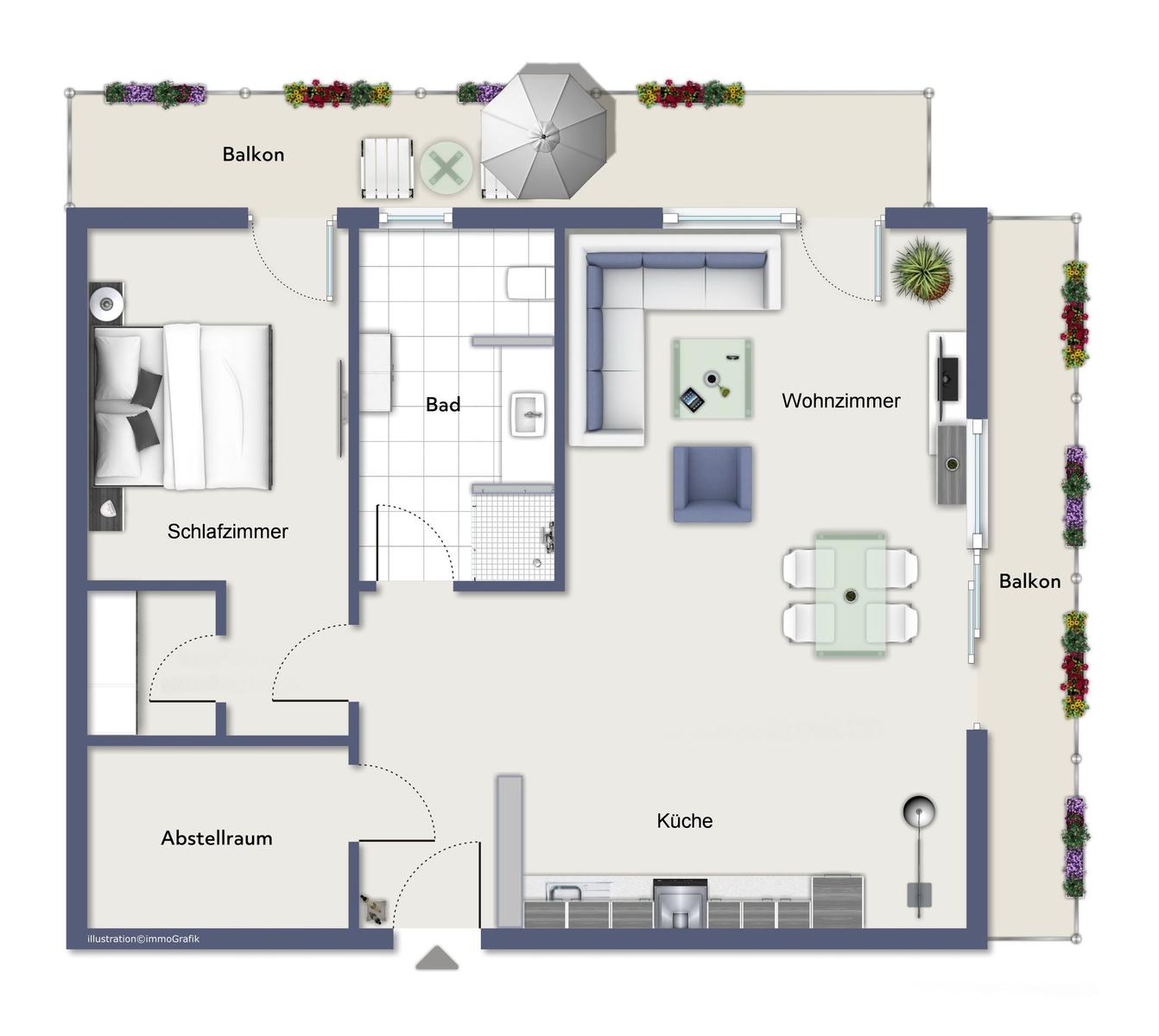 Wohnung mit Schlafzimmer, Bad, Wohnzimmer, Küche und zwei Balkonen.