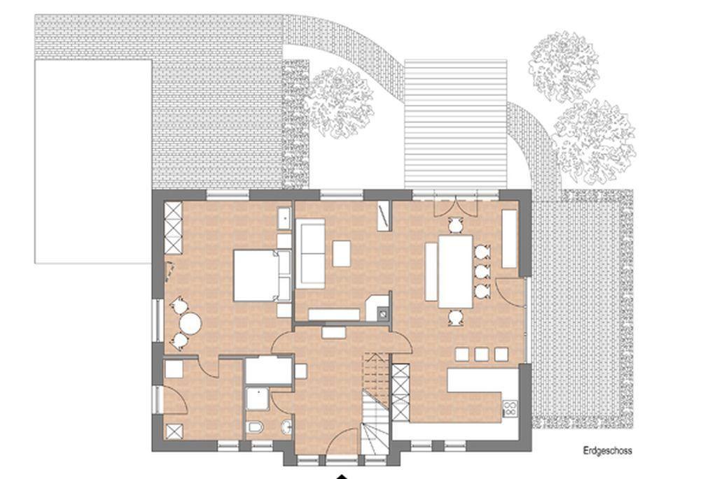 Obergeschoss mit Schlafzimmer, Bad und Treppe