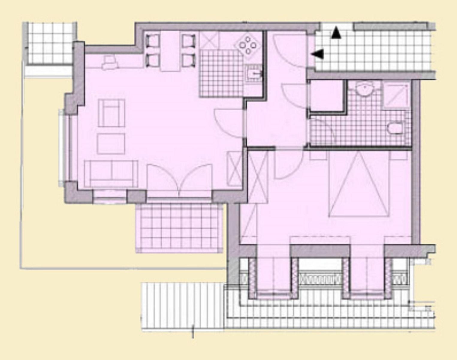 Die Wohnung hat eine Küche, ein Bad und einen Wohnbereich mit Schlafplatz.