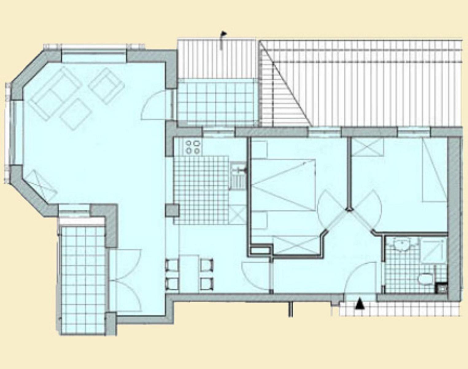 Dies ist eine Grundrisszeichnung einer Wohnung mit Küche, Schlafzimmer und Bad.