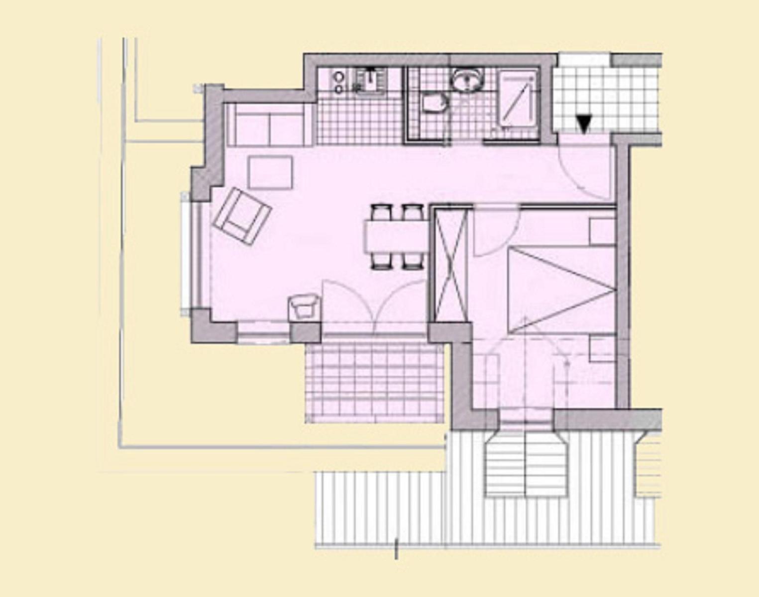 Dies ist eine Grundrisszeichnung einer Wohnung mit Küche, Bad, Wohnzimmer und Schlafzimmer.