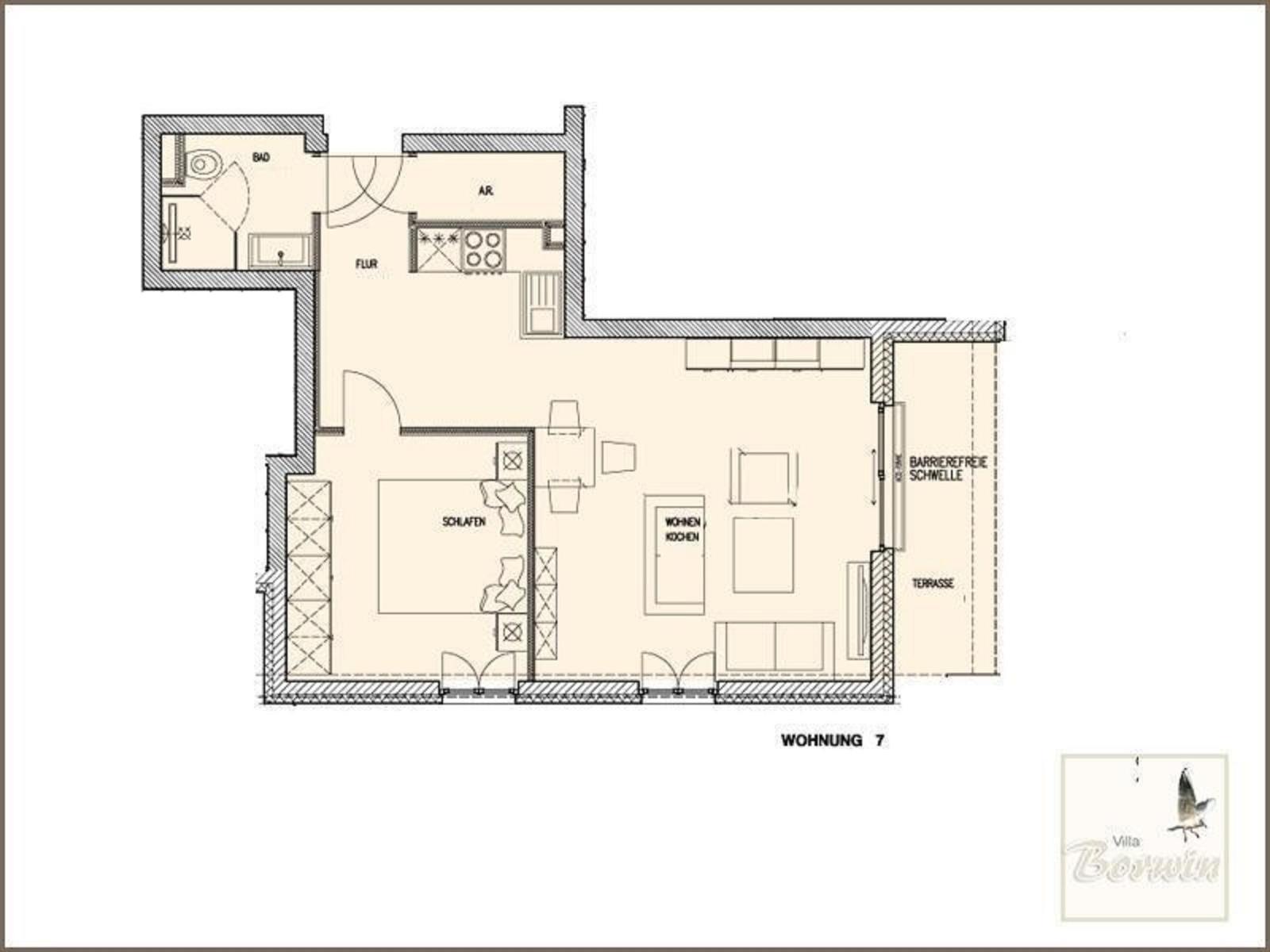 Wohnung 7 mit Schlafzimmer, Wohnküche, Bad und Barrierefreier Terrasse.