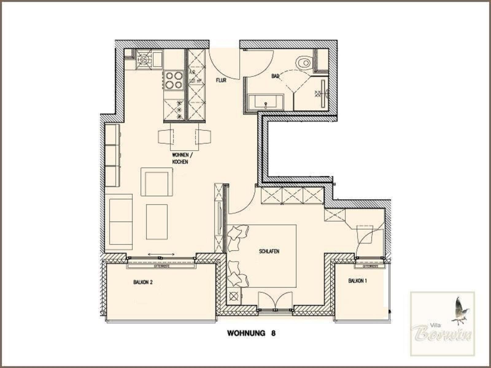 Apartment with kitchen, bedroom, bathroom, and two balconies.