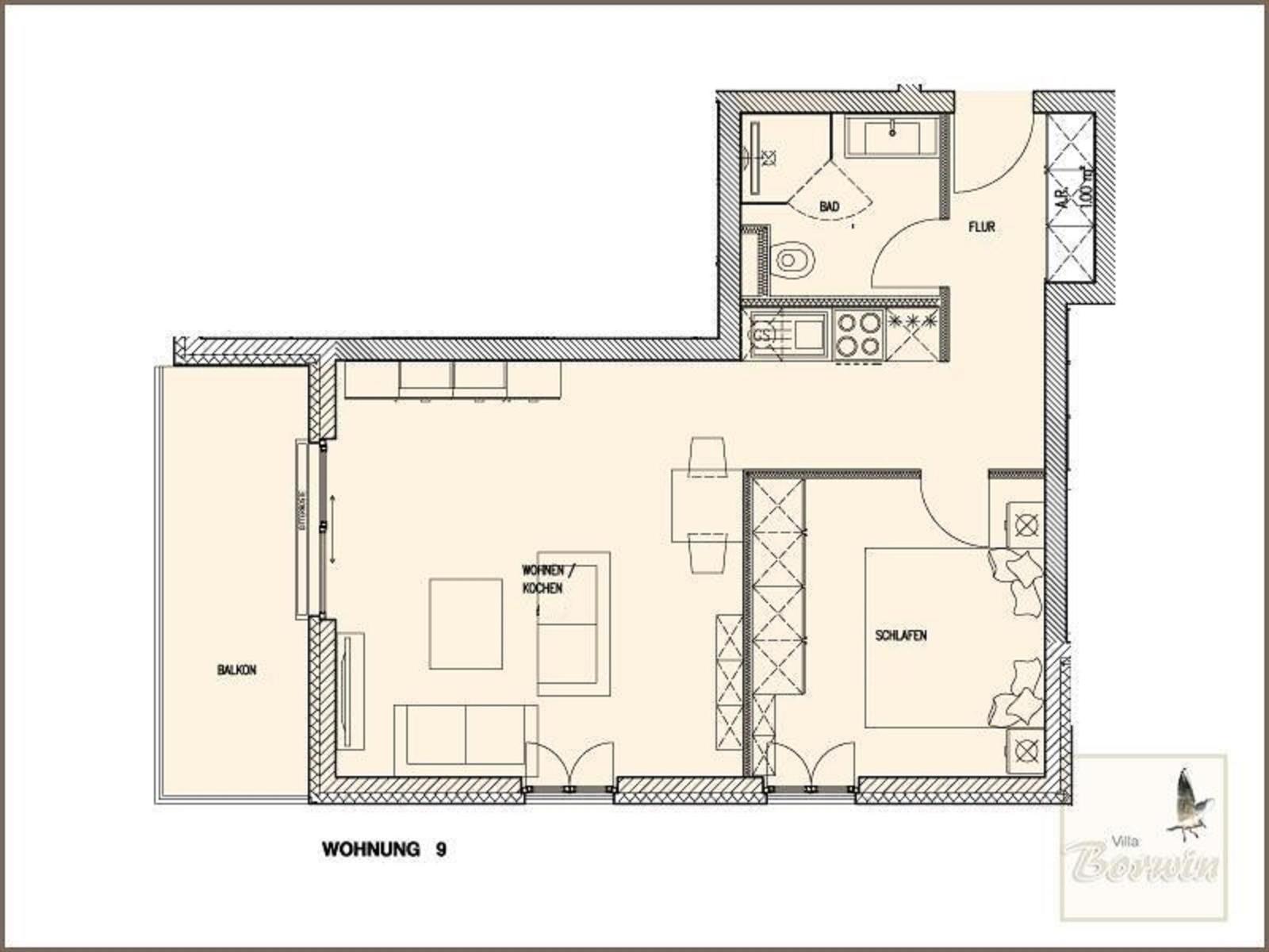 Wohnung 9 mit Schlafzimmer, Wohnküche, Bad und Balkon. Flur und Küche sind eingerichtet.