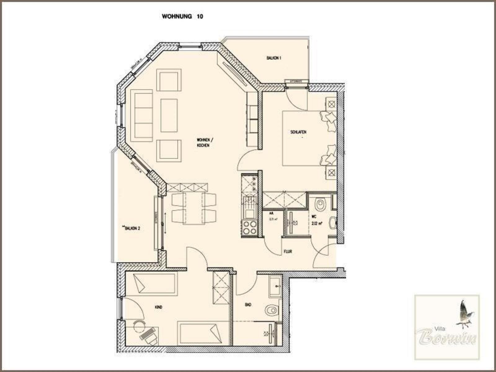 Wohnung mit Wohnküche, Schlafzimmer, Bad und zwei Balkonen.