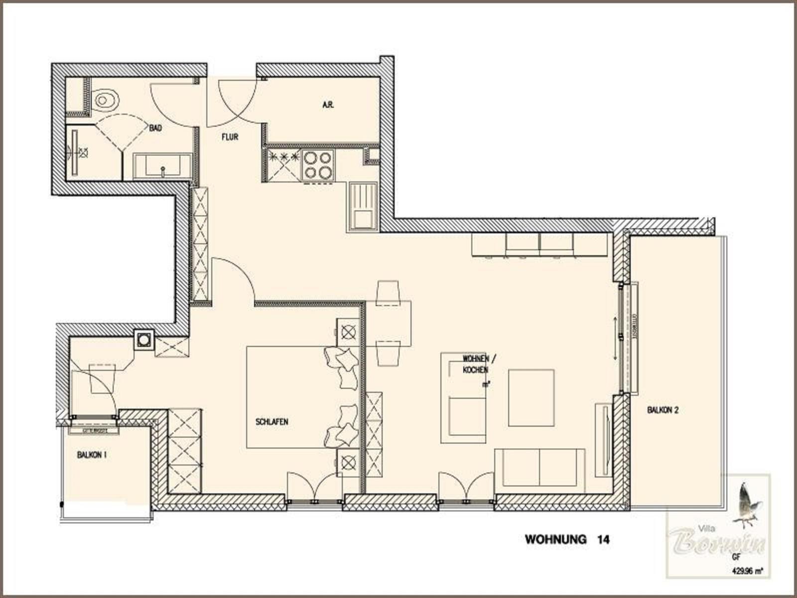 Wohnung 14 mit Schlafzimmer, Küche, Bad und zwei Balkonen.