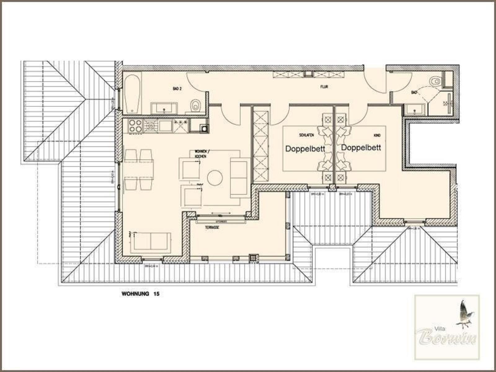 Wohnung 15 mit Küche, Wohnbereich, zwei Schlafzimmern und zwei Bädern.