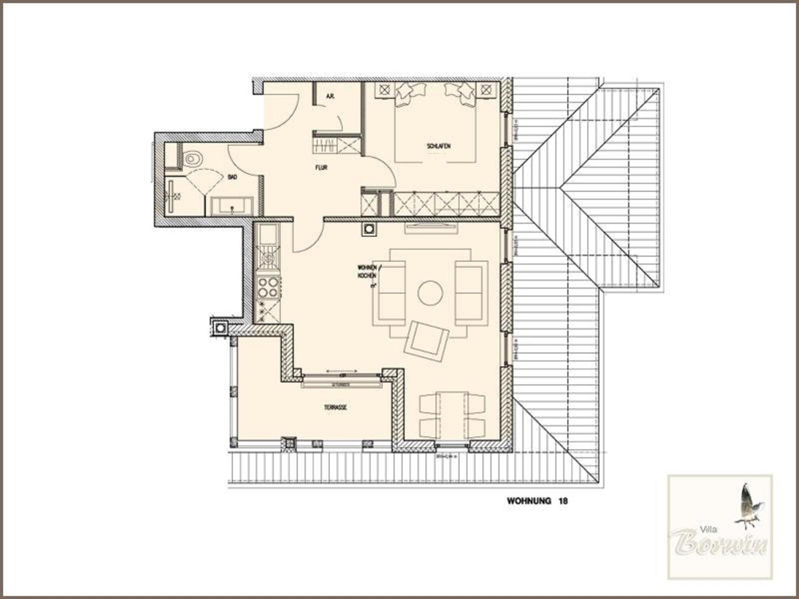 Wohnung mit Schlafzimmer, Bad, Küche und Terrasse. Flur und Balkon sind eingezeichnet.