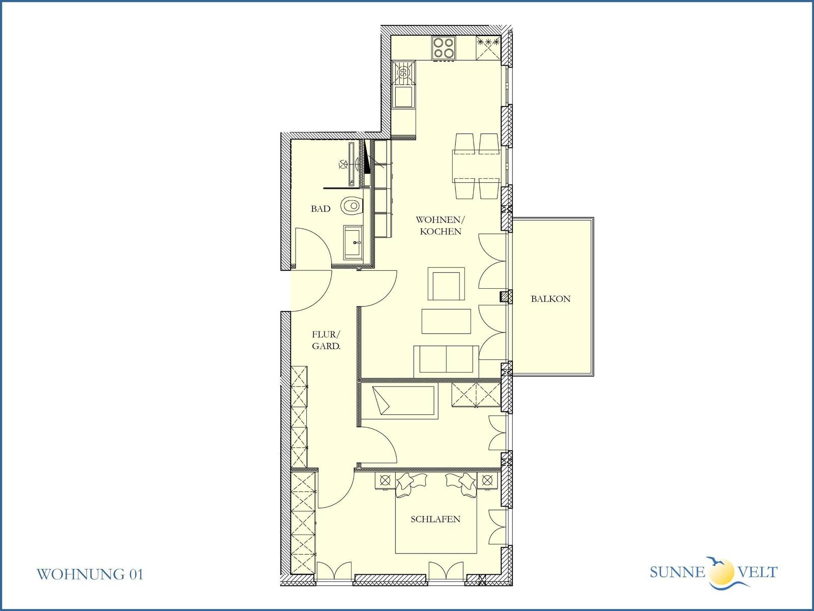 Wohnung mit Schlafzimmer, Bad, Wohnküche und Balkon. Flur mit Garderobe.