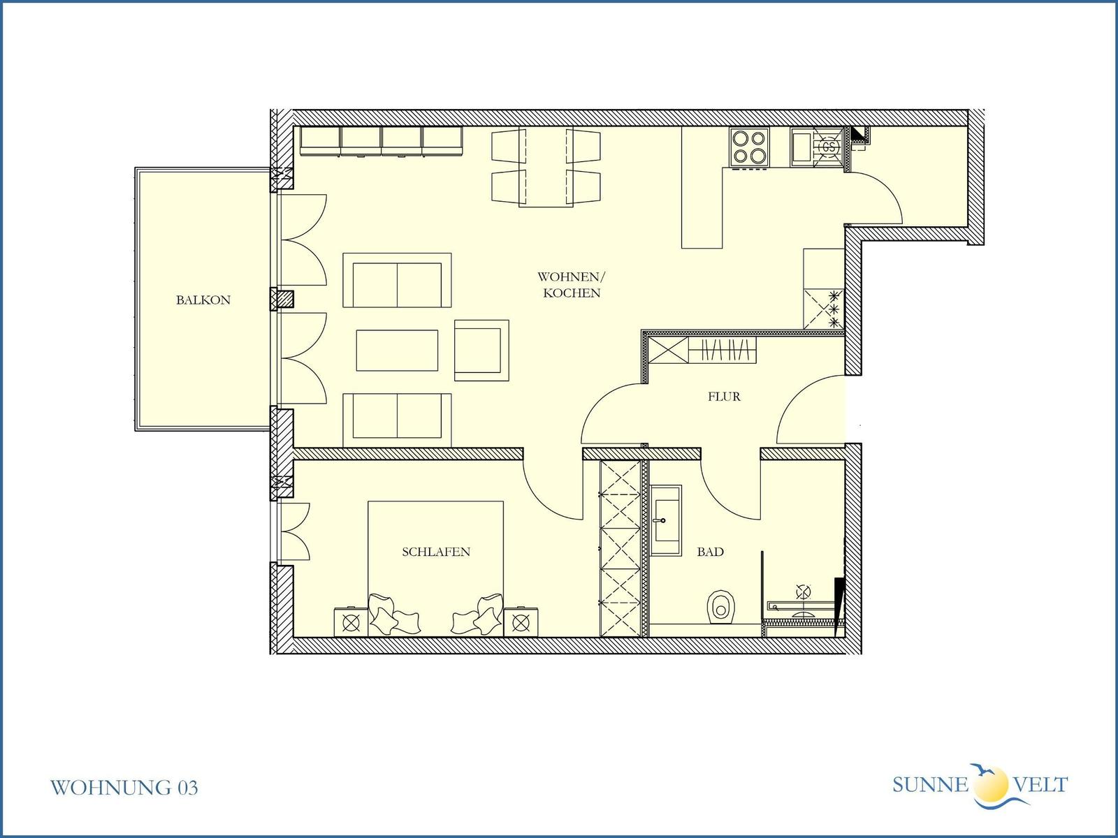 Wohnung mit Wohn-/Kochbereich, Schlafzimmer, Bad und Balkon. Flur verbindet die Räume.