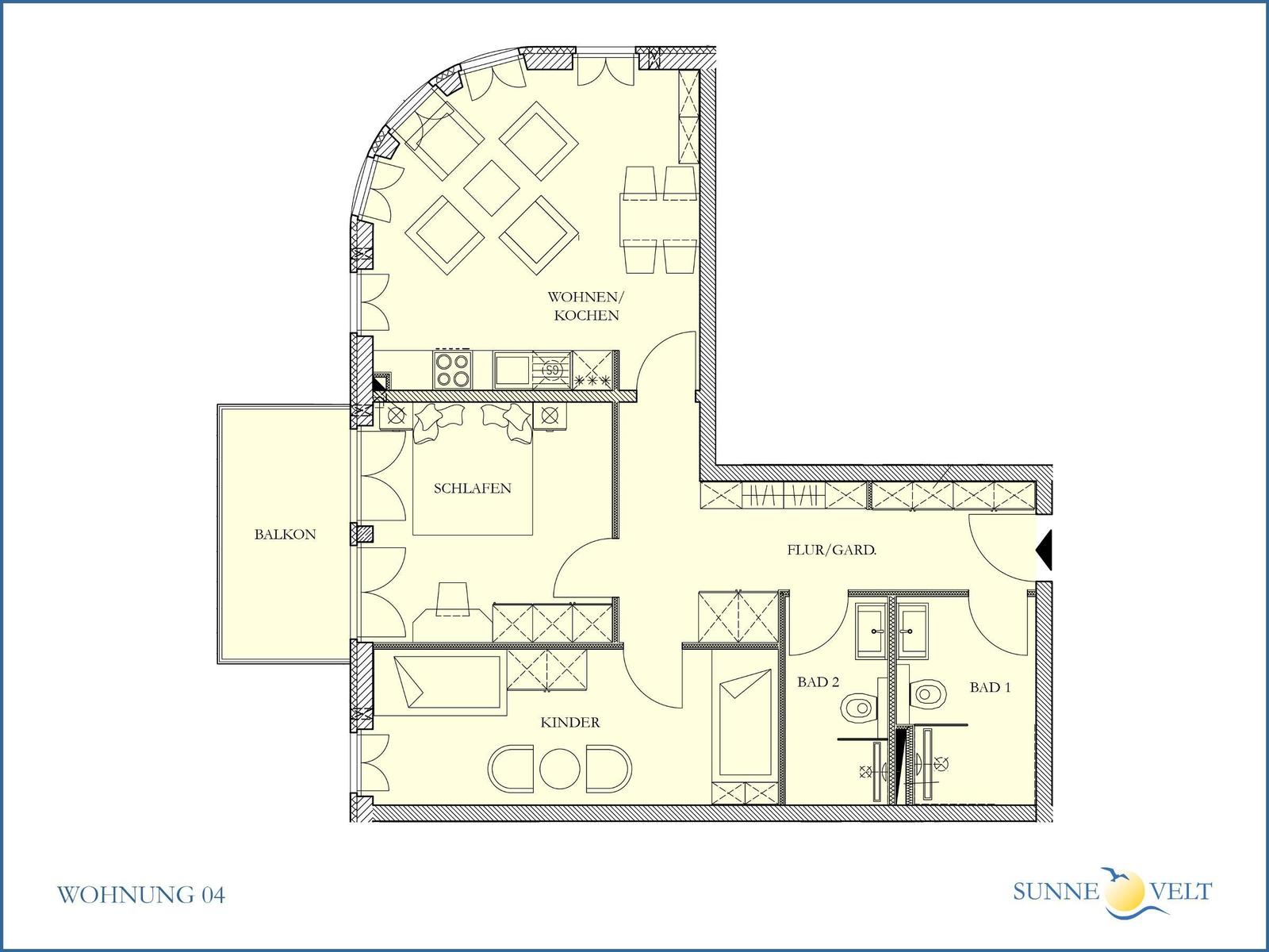 Wohnung mit Wohn-/Küchenbereich, Schlafzimmer, Kinderzimmer, zwei Bädern und Balkon.