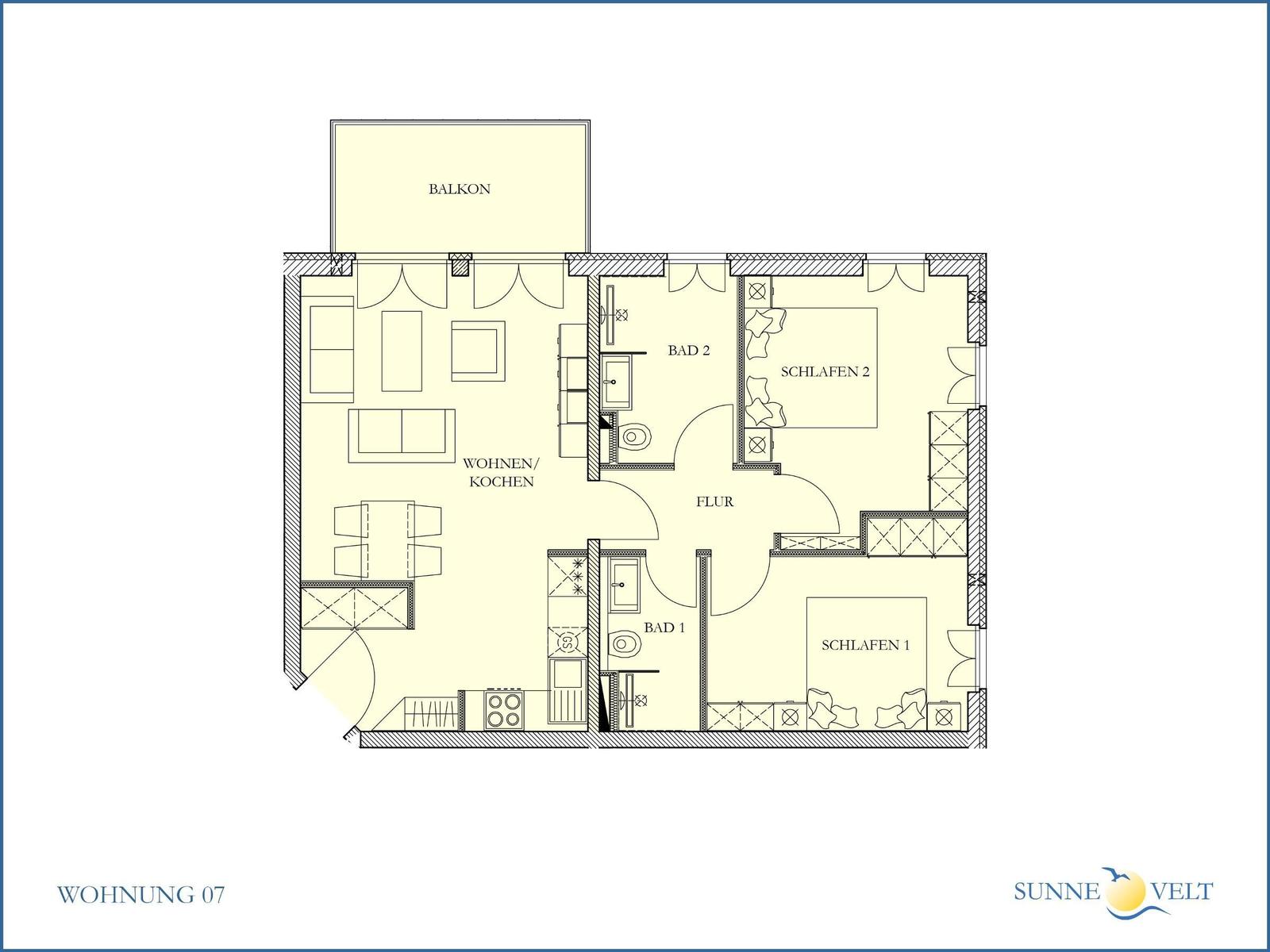 Wohnung mit zwei Schlafzimmern, zwei Bädern, Wohnküche und Balkon.