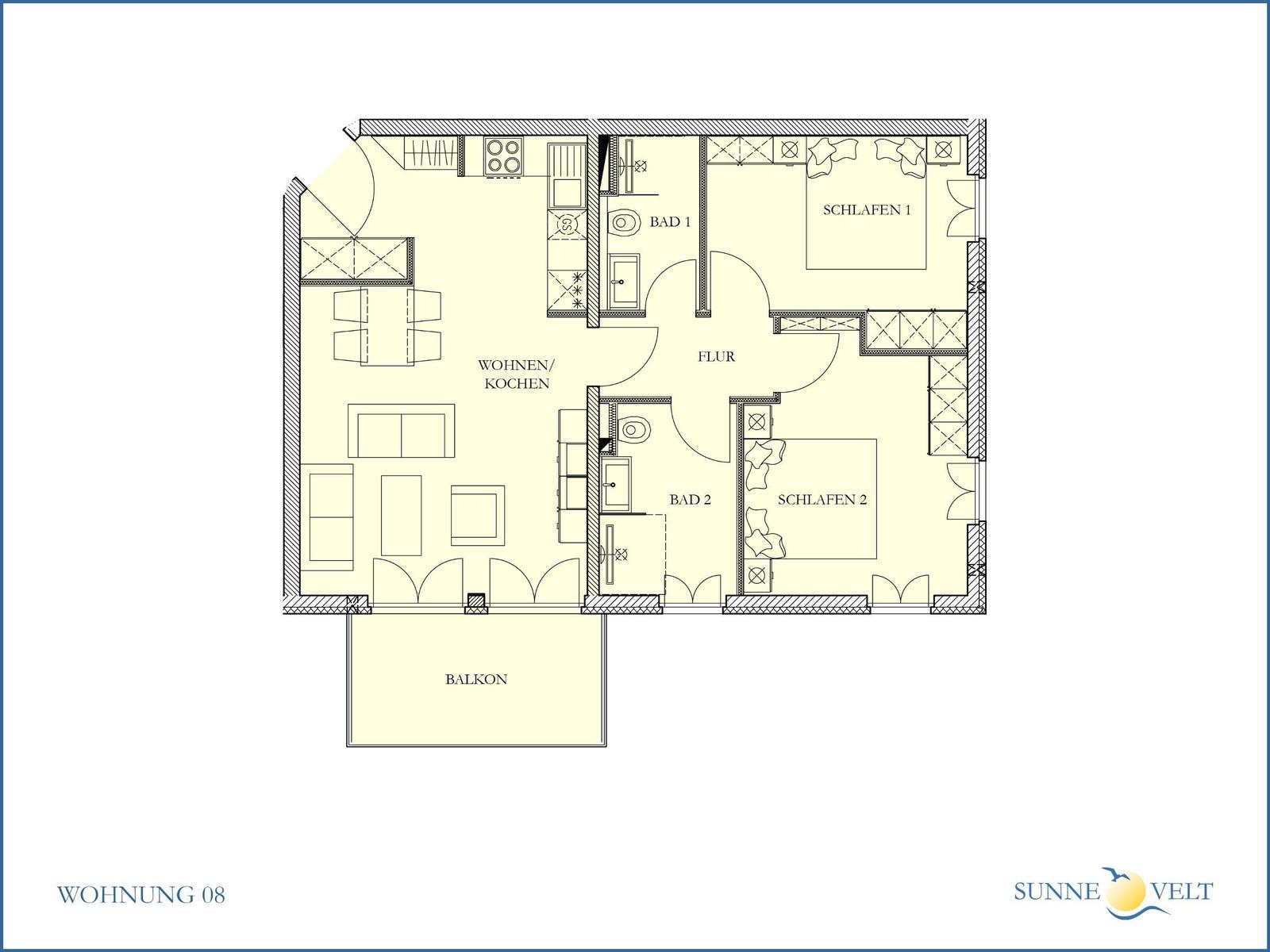 Wohnung mit zwei Schlafzimmern, zwei Bädern, Wohnküche und Balkon.