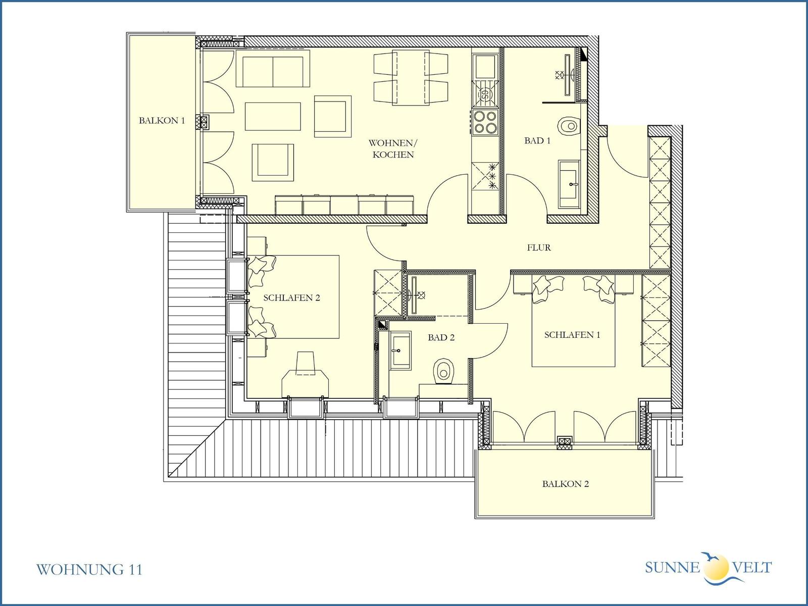 Wohnung mit zwei Schlafzimmern, zwei Bädern und zwei Balkonen. Küche und Wohnbereich kombiniert.