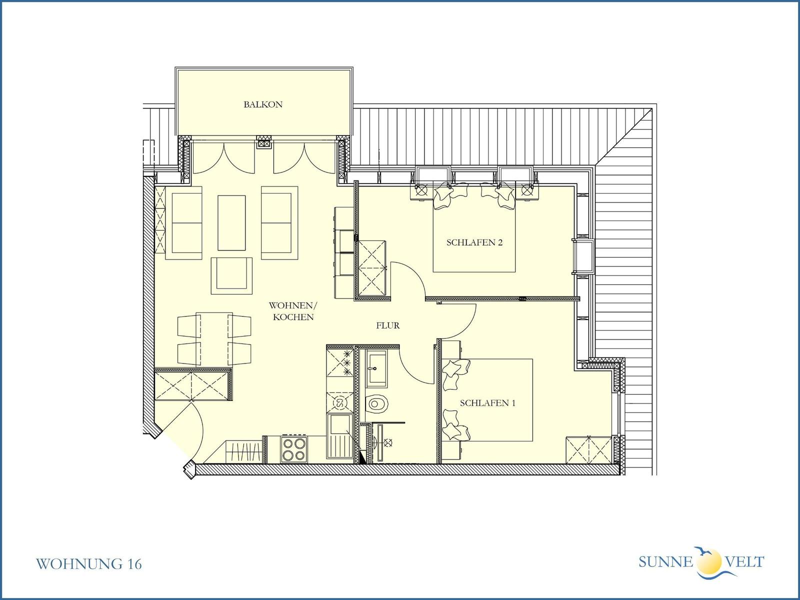 Apartment with two bedrooms, living kitchen, and balcony. Hall and bathroom are included.