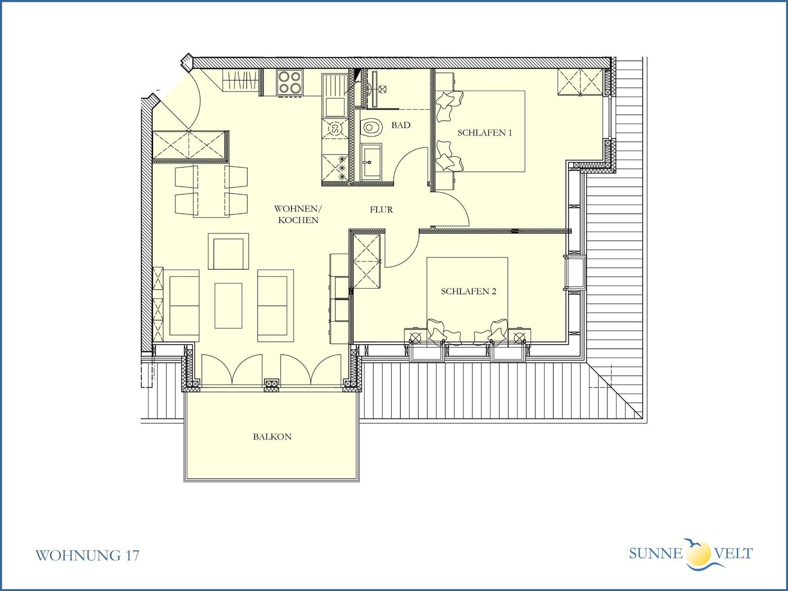Wohnung mit zwei Schlafzimmern, Bad, Wohn- und Küchenbereich sowie Balkon.
