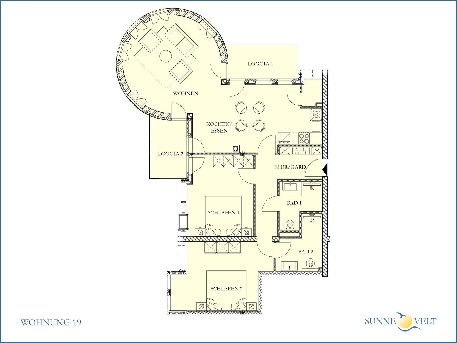 Wohnung mit Wohnzimmer, Küche, zwei Schlafzimmern und zwei Bädern sowie zwei Loggien.