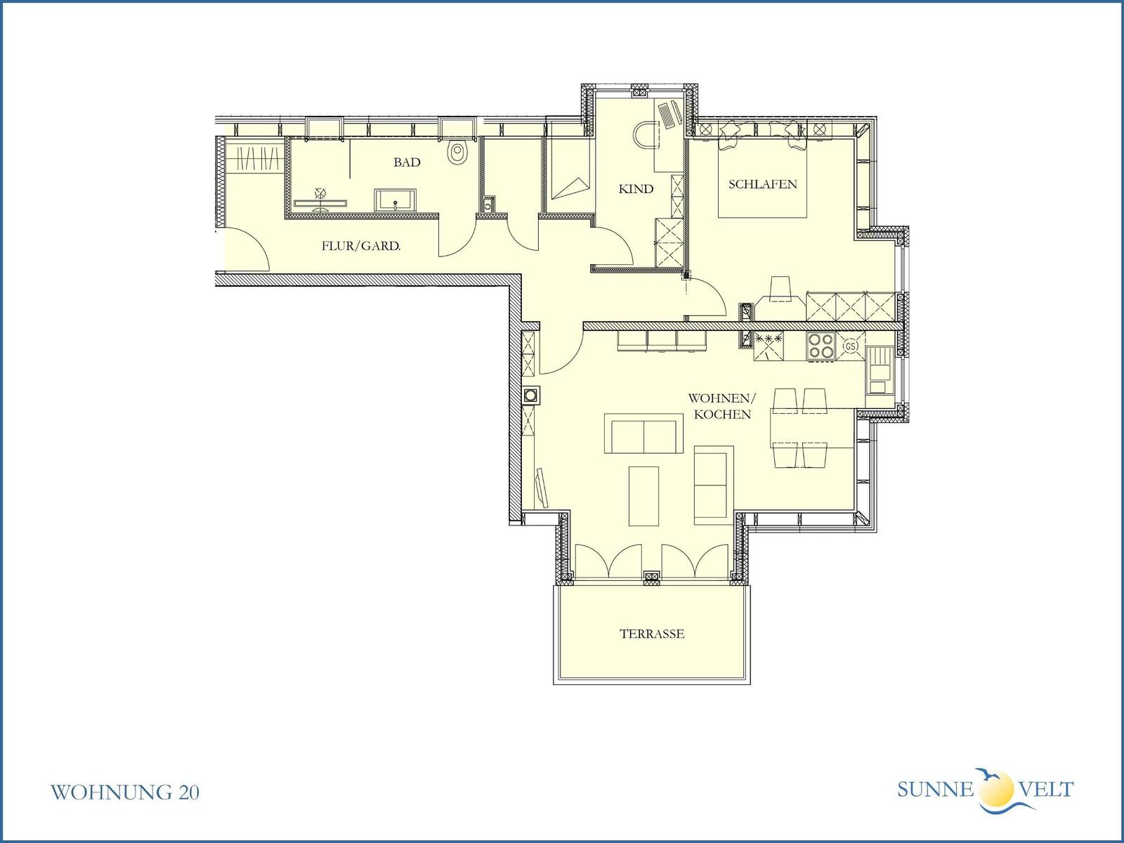 Wohnung mit Wohnküche, Schlafzimmer, Bad und Terrasse.