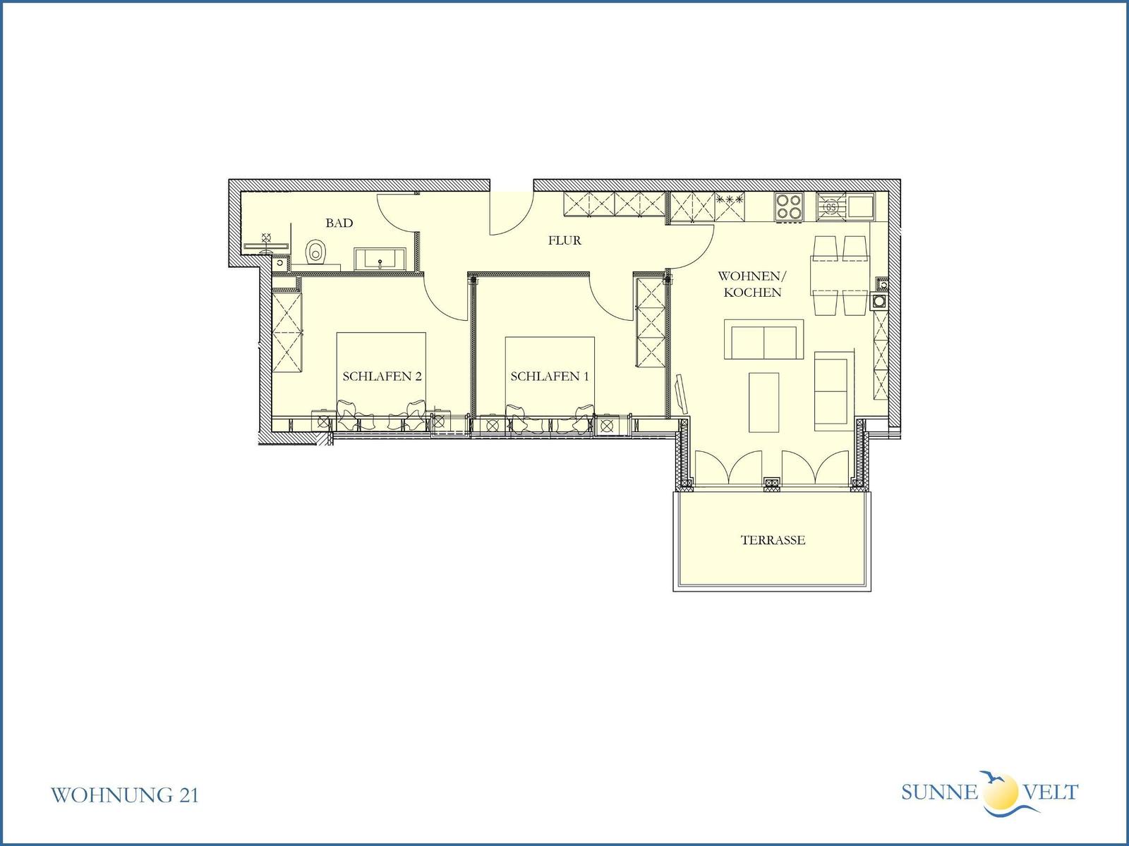 Wohnung mit zwei Schlafzimmern, Bad, Wohnküche und Terrasse.