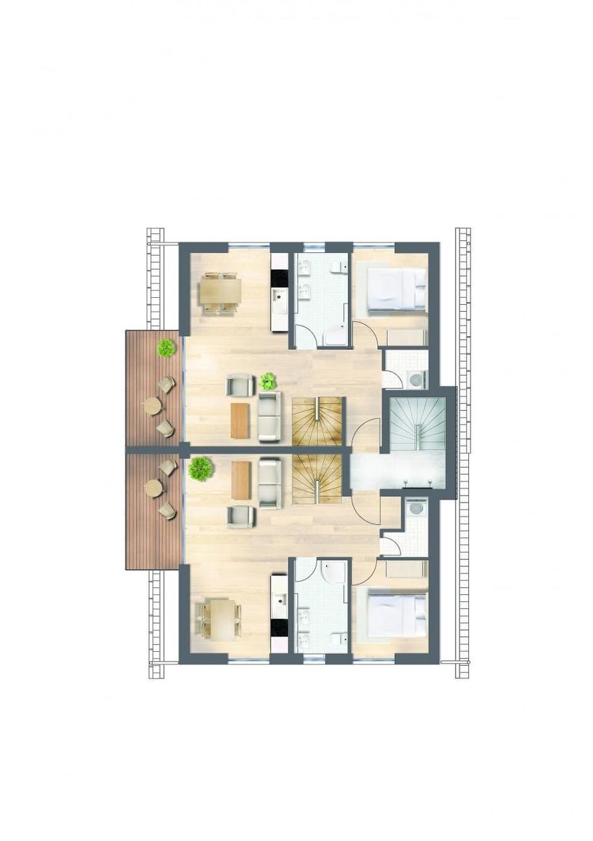 Modern villa with balconies and green lawn. Light facade and large windows.