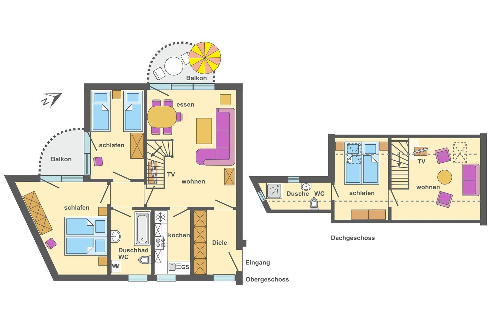 Wohnung mit zwei Schlafzimmern, Küche, Bad und Balkon. Dachgeschoss mit Schlaf- und Wohnbereich.