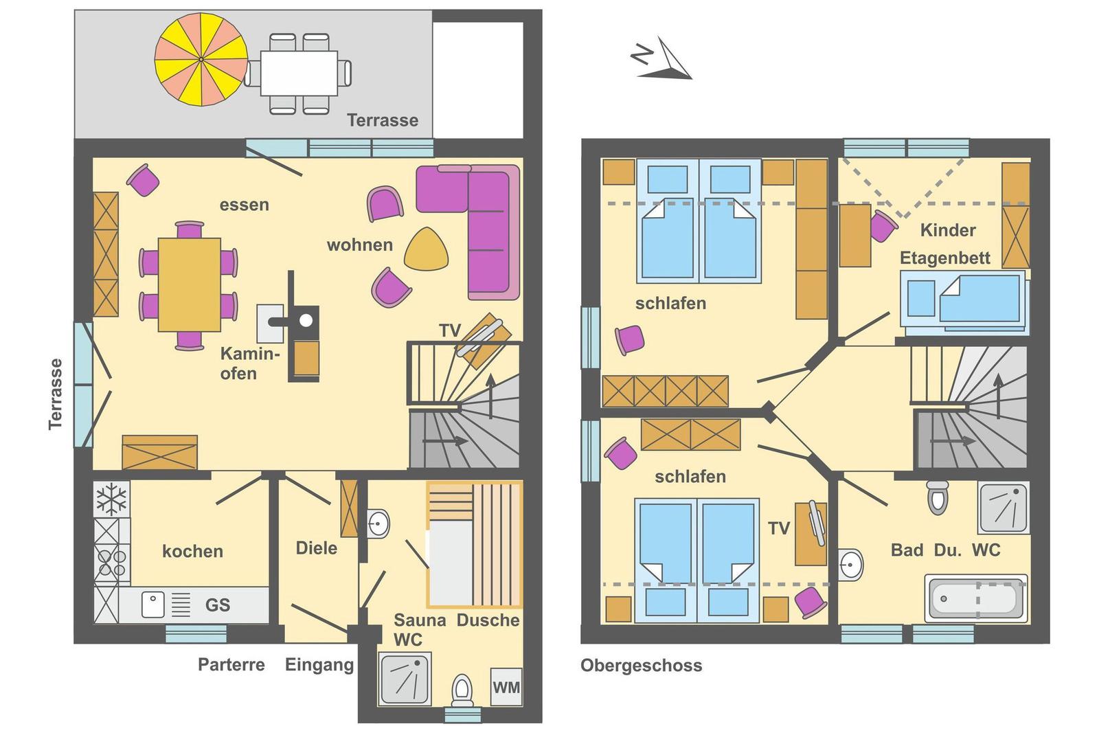 Erdgeschoss mit Küche, Wohn- und Essbereich, Sauna und Terrasse. Obergeschoss mit Schlafzimmern und Bad.