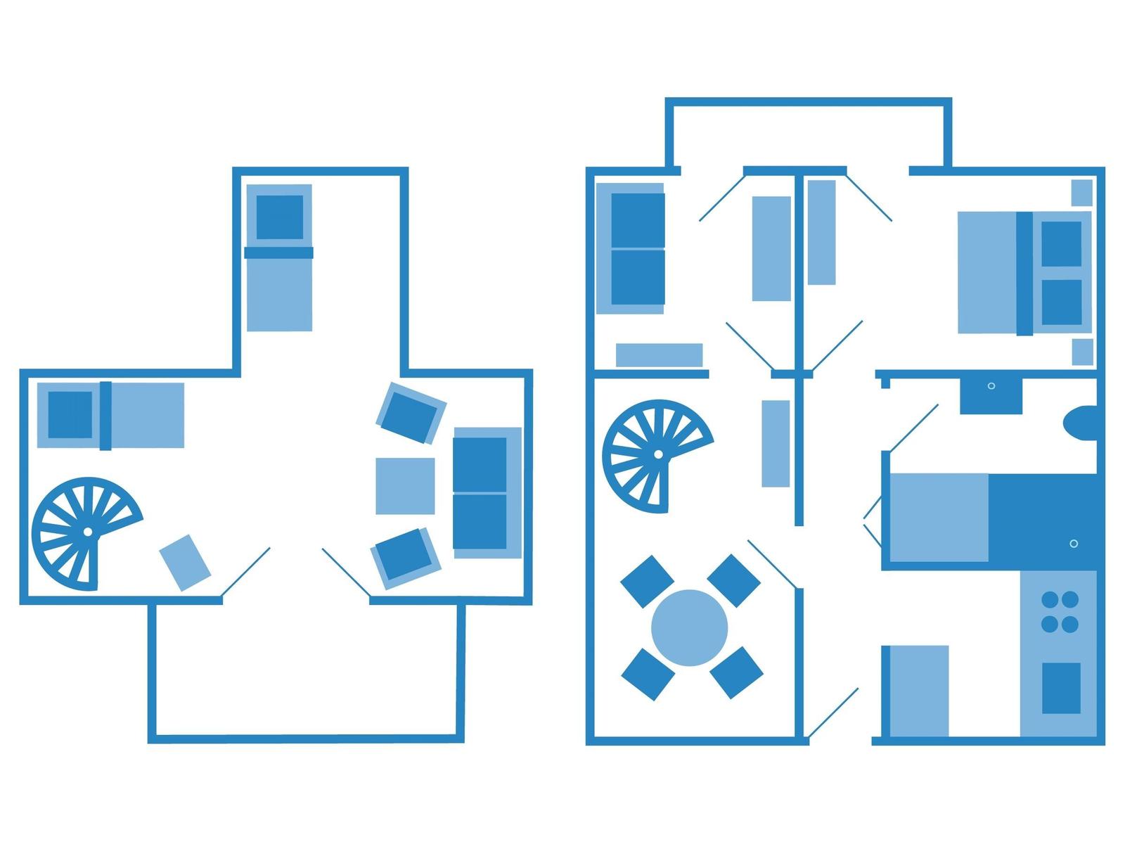 Wohnhaus mit rotem Dach, blauen Fensterläden und Balkon mit Pflanzen.