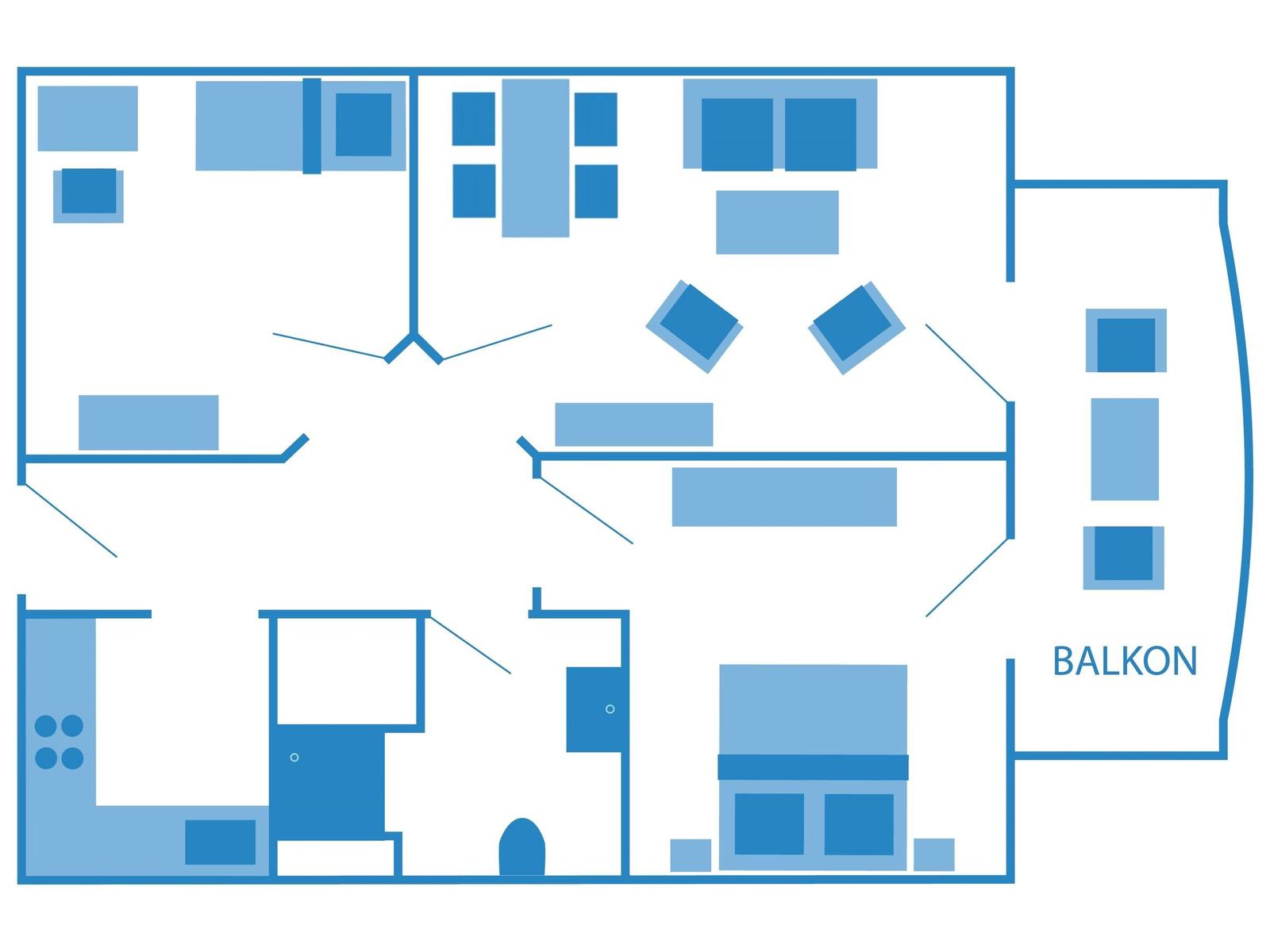 Die Wohnung hat eine Küche, ein Bad, einen Balkon und mehrere Räume.