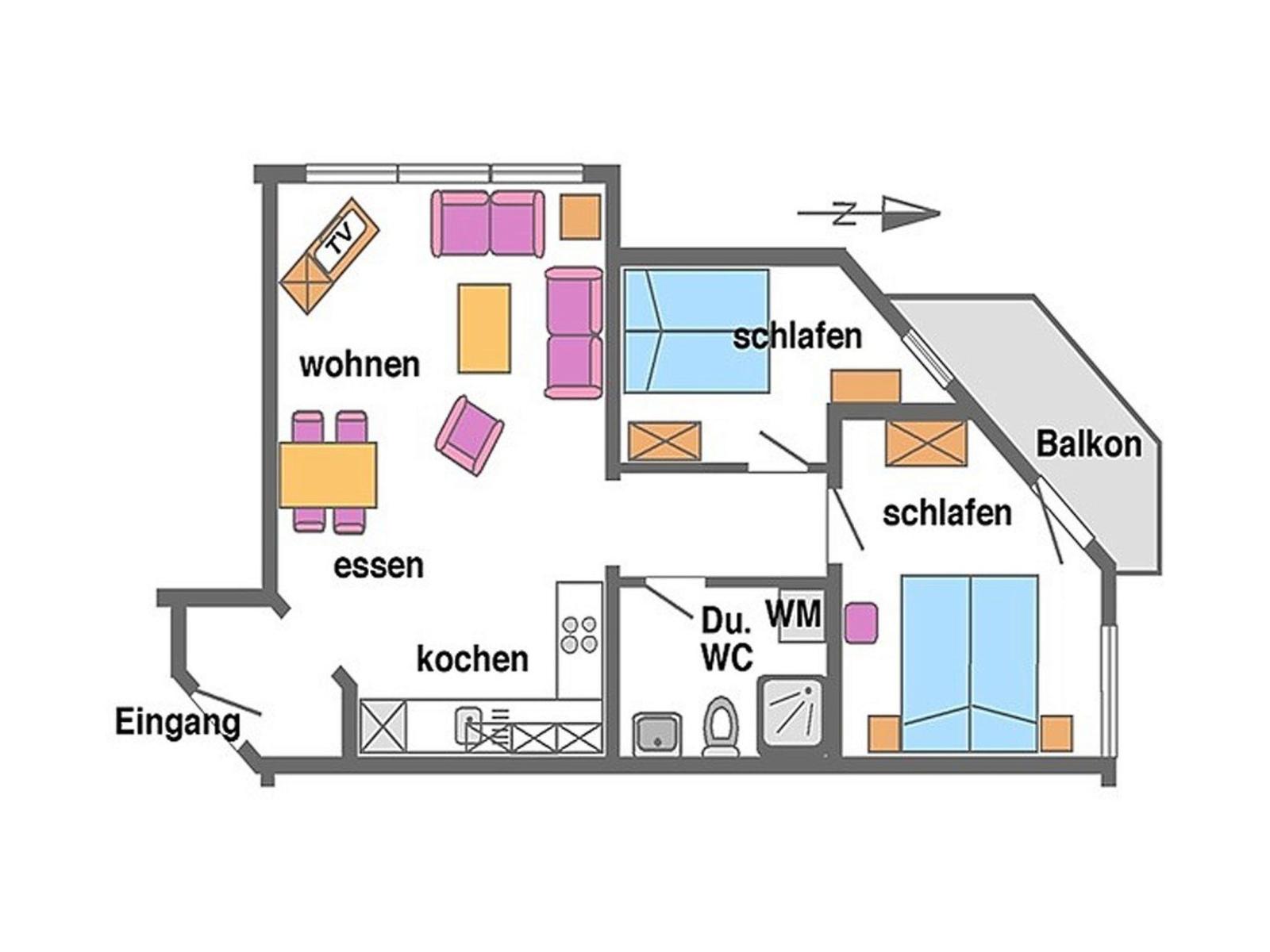 Wohnung mit Wohn- und Essbereich, Küche, zwei Schlafzimmern, Bad und Balkon.