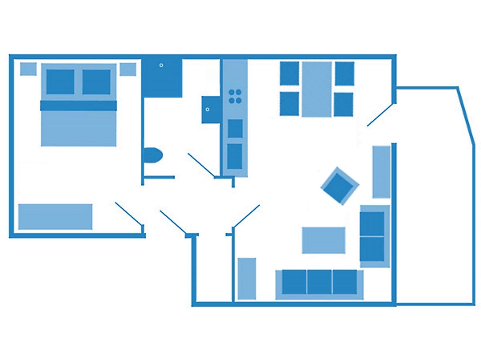 This floor plan shows the layout of rooms and furniture in the apartment.