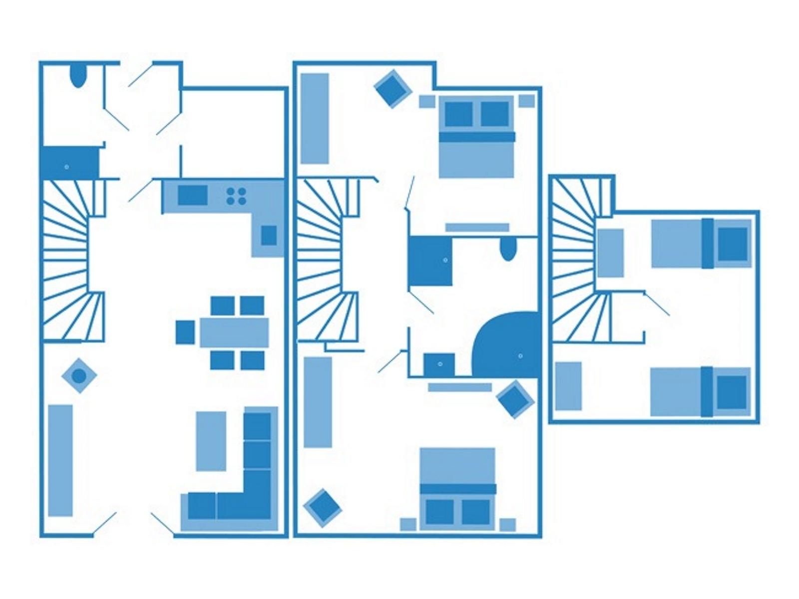 Dieses Haus hat mehrere Etagen mit Schlafzimmern, Küche und Wohnbereich.