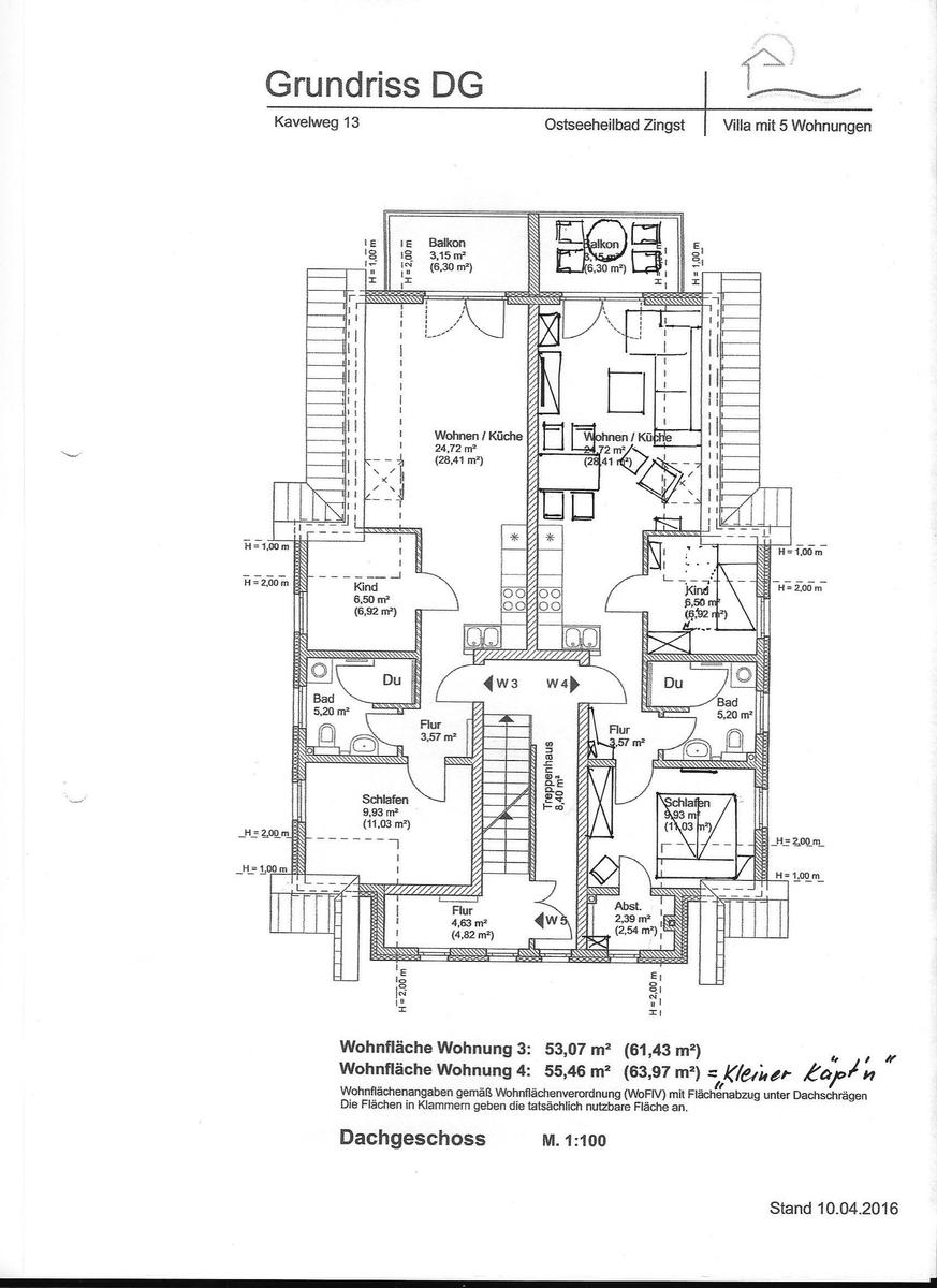 Grundriss der DG mit 5 Wohnungen und Balkon