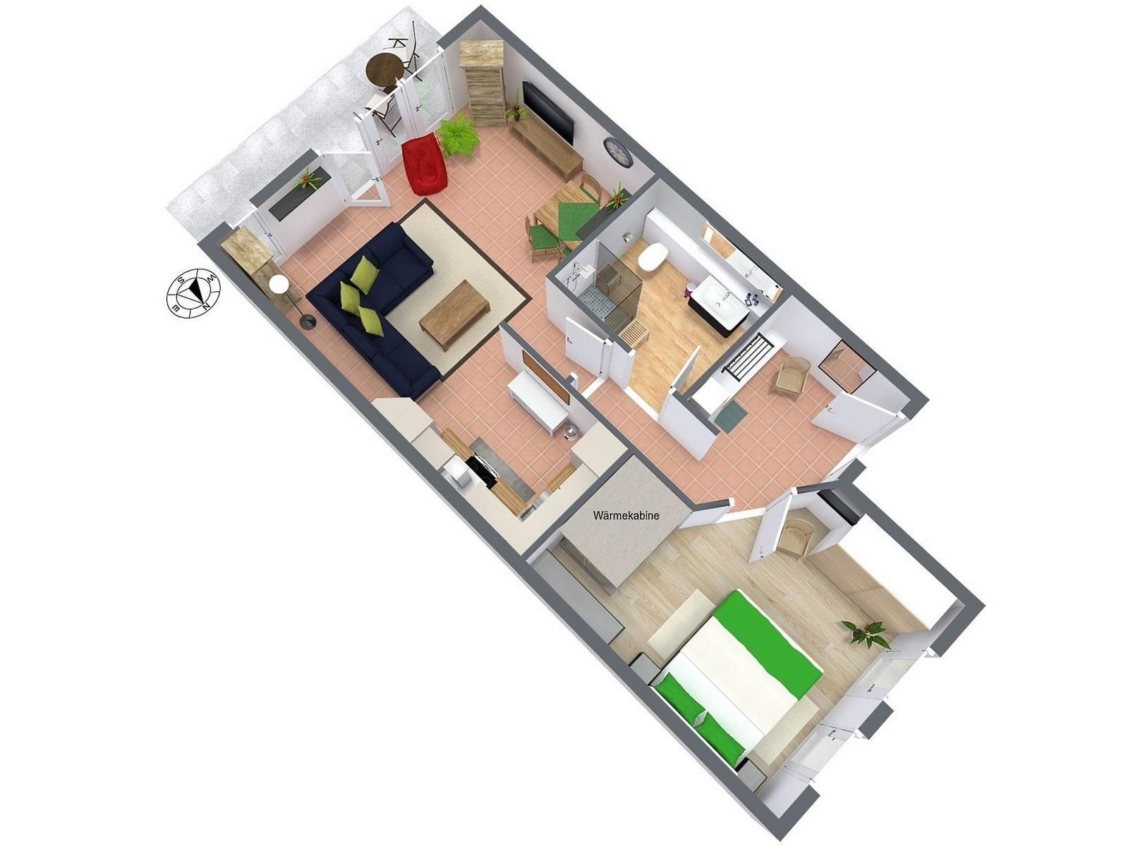 Wohnung mit Schlafzimmer, Küche, Bad und Wärmekabine.