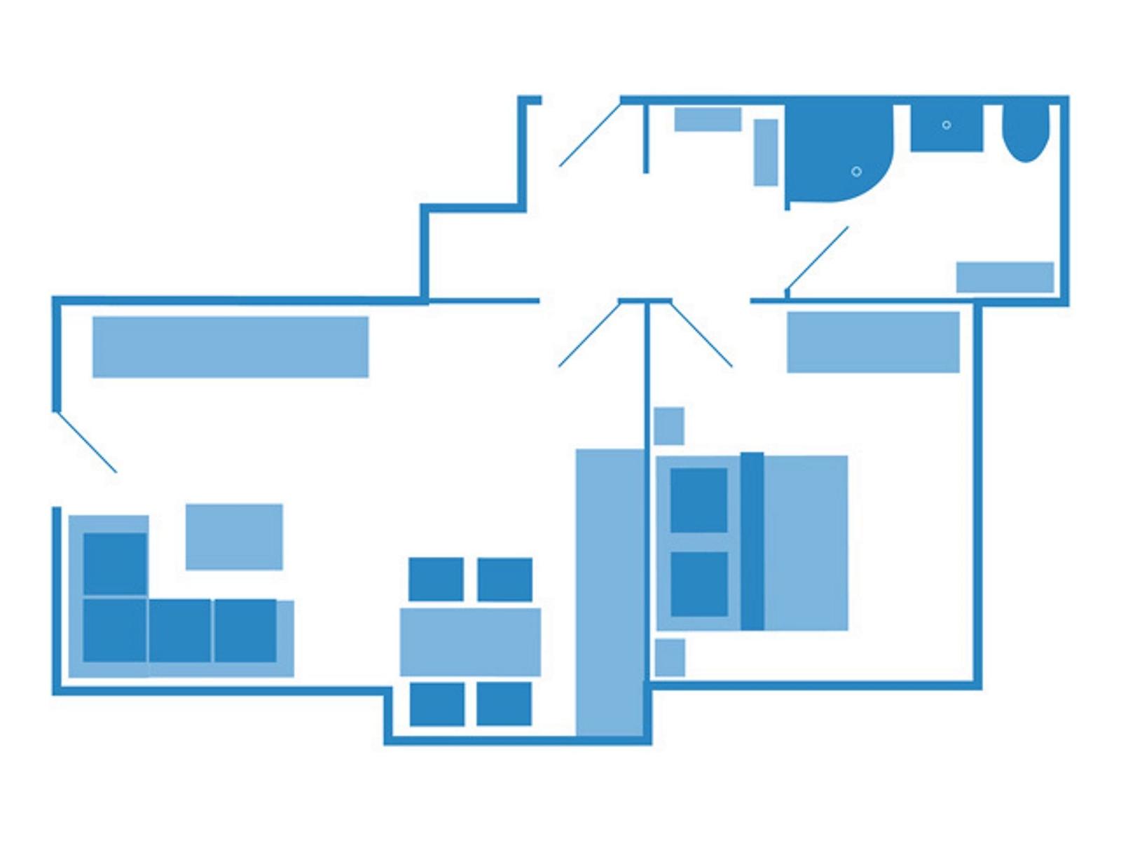 Dieses Grundrissbild zeigt die räumliche Anordnung der Wohnung mit Küche, Wohnzimmer und Schlafzimmer.
